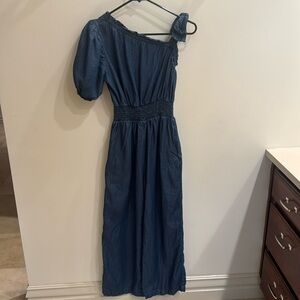 Habitual kids blue denim jumpsuit wide leg bow one shoulder 14 EUC
